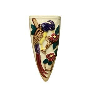 Vintage Hand Painted Bird Parrot Floral Wall Pocket Vase Japan MCM 6" Ceramic